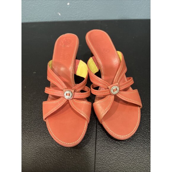Cole Haan Kitten Heel Sandals Womens 7B Coral‎ Leather Slides Strappy Y2K Charm - Picture 2 of 7